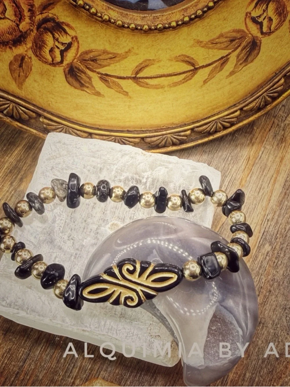 ONYX + Multicolor Glass Bead Bracelet with Gold Accent and Purple Crescent